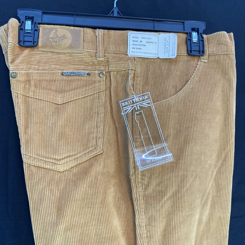 Vtg Brittania Tan Brown Corduroy Pants Slacks 36 Long Flare NWT Raw Hem 2482-8